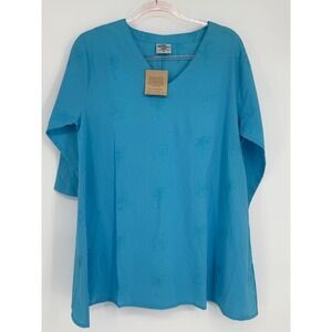 CottonSeed Wear Blue Embroidered Palm Tree Sand Dollar V Neck Tunic Top Size S